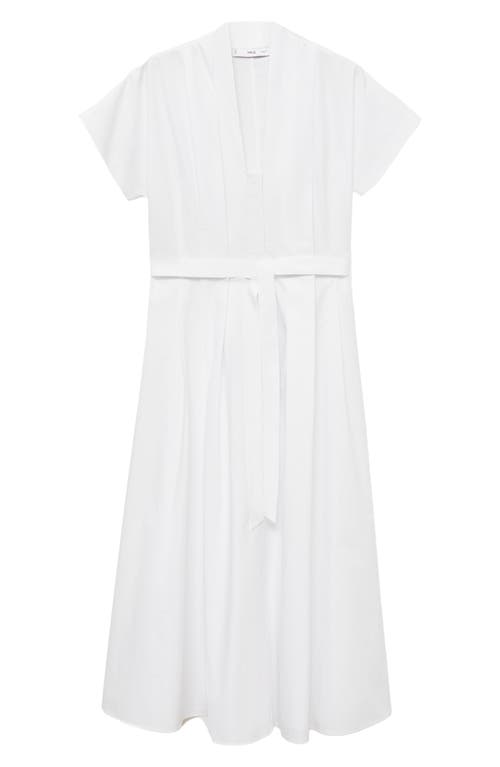 Mango Pleated Tie Waist Cotton Midi Dress In White