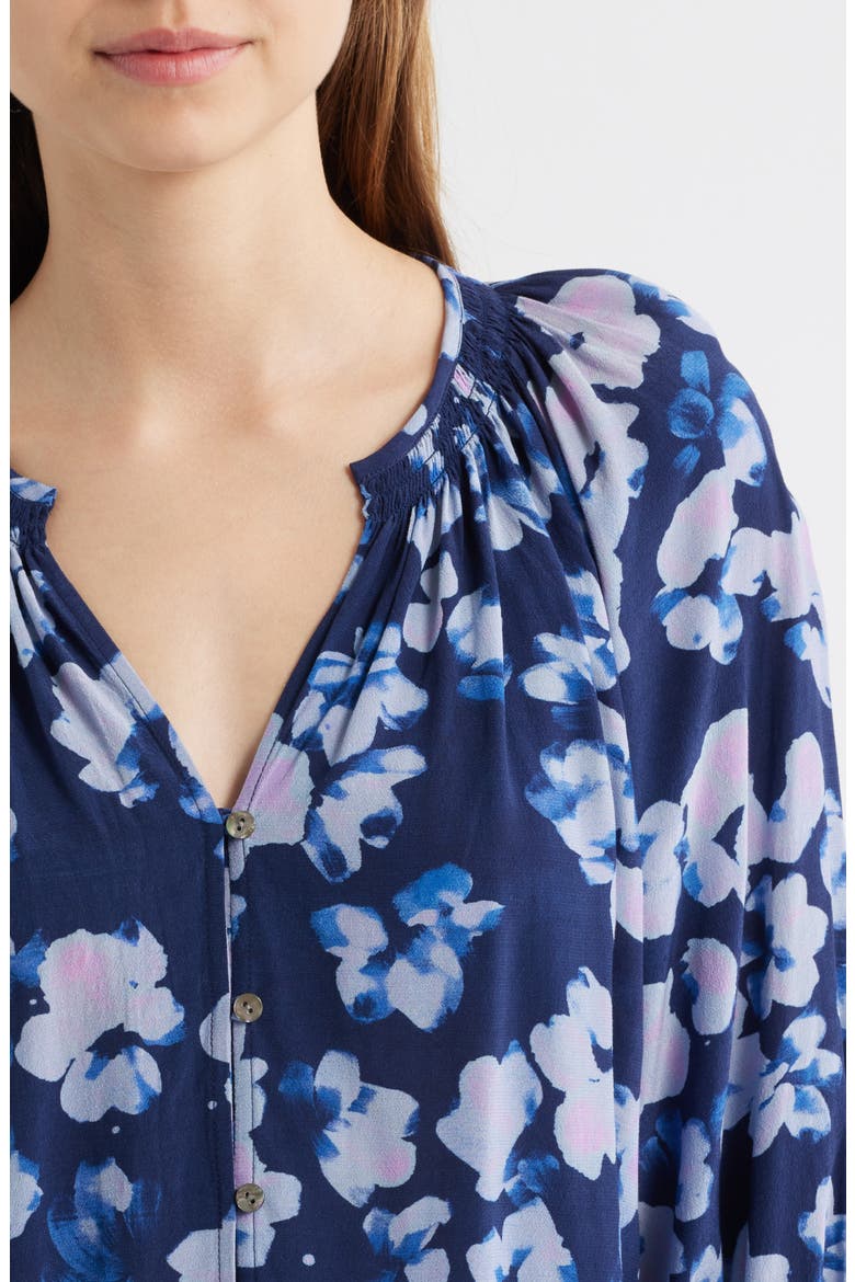 Mariah Floral Smocked Button-Up Peasant Top, Alternate, color, MIDNIGHT PEONY