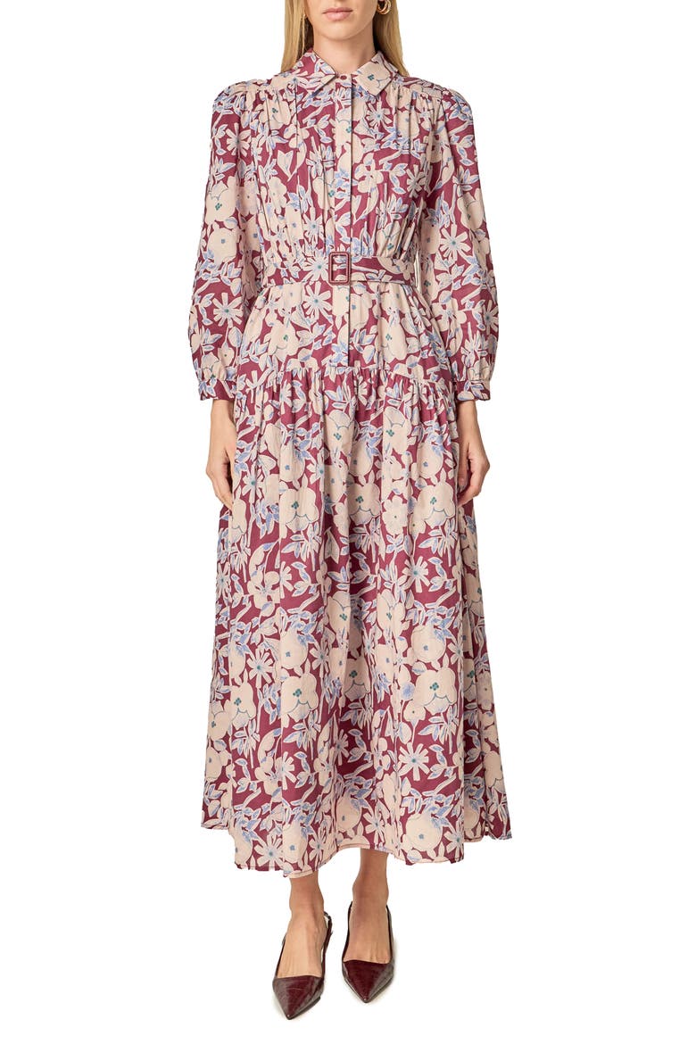 Print Long Sleeve Maxi Dress, Main, color, BURGUNDY/ BLUE