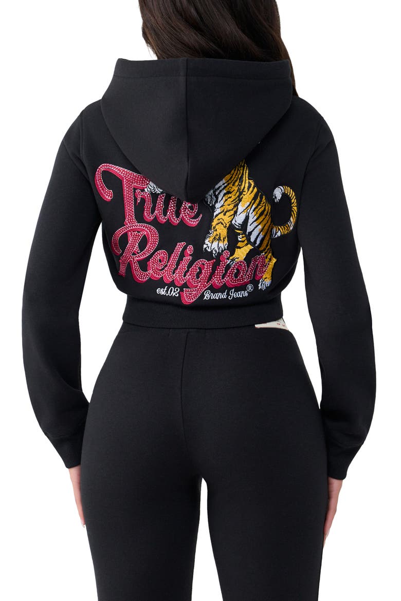 Crystal Logo Shrunken Full Zip Hoodie, Alternate, color, JET BLACK