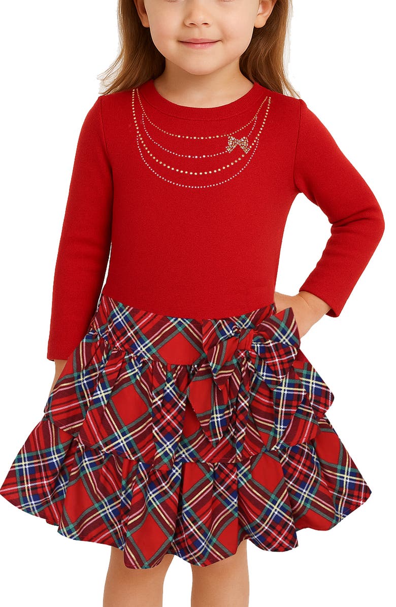 Zunie Kids' Sweater Plaid Mixed Media Dress, Alternate, color, Red Multi