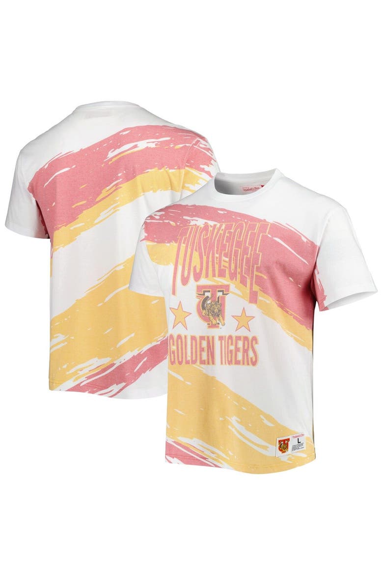 Men's Mitchell & Ness White Tuskegee Golden Tigers Paintbrush Sublimated T-Shirt, Main, color, White