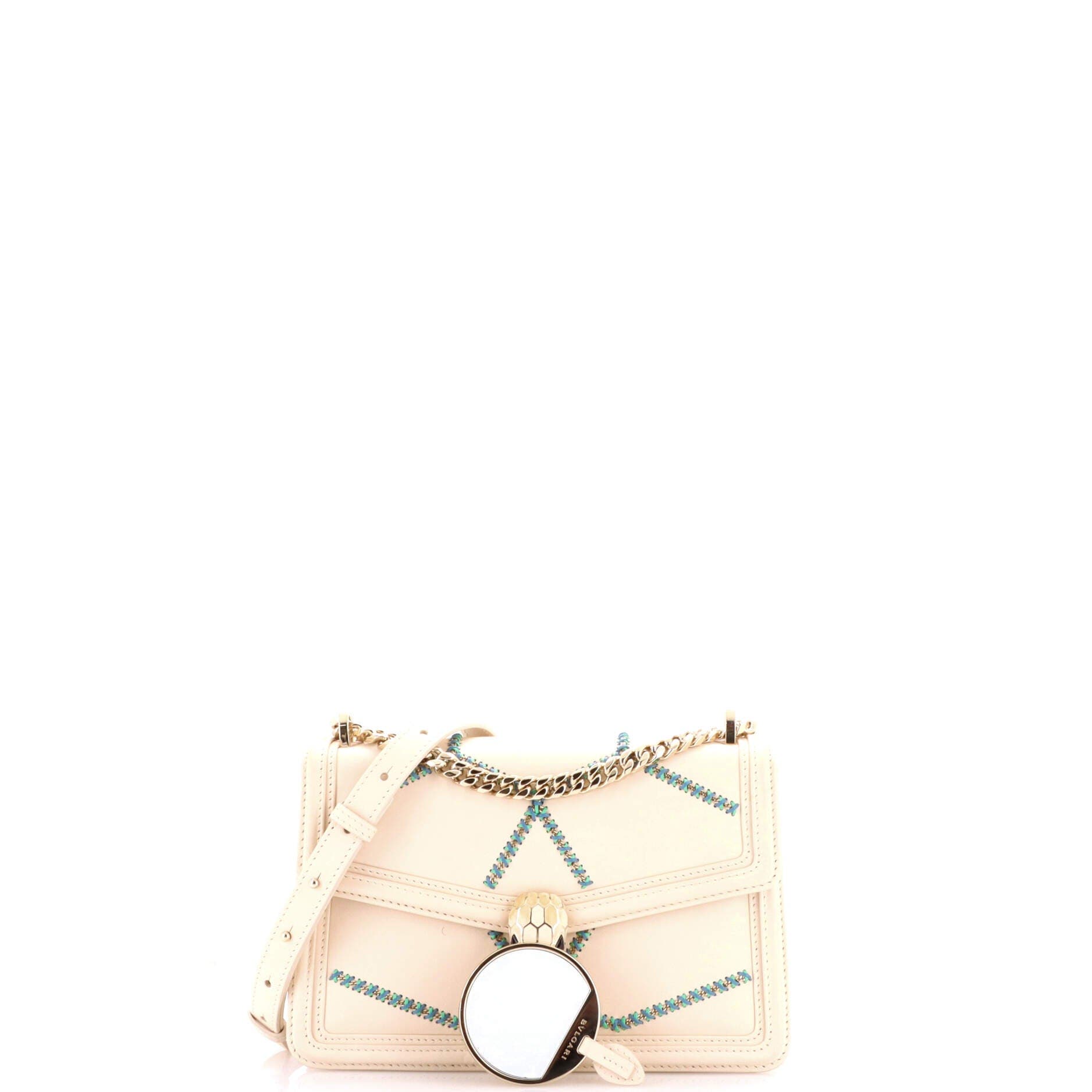 Serpenti Forever Shoulder Bag Whipstitched Leather Small, Alternate, color, White