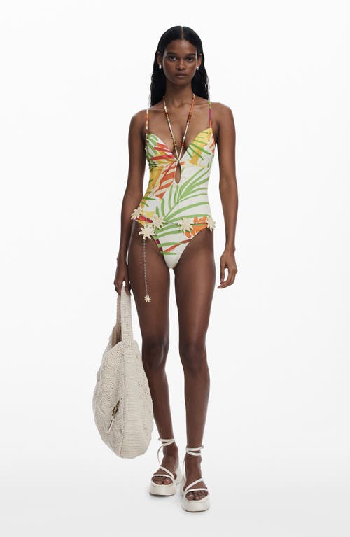 Desigual Beaded One-piece Swimsuit In Light Beige