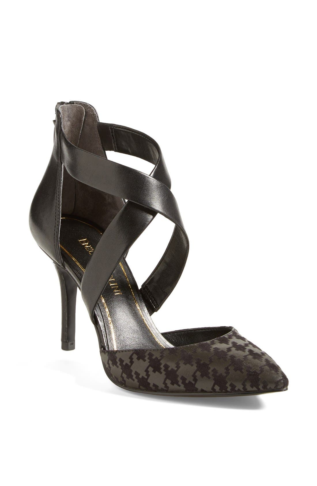 'Coadi' Cross Strap Pointy Toe Pump, Main, color, BLACK/ BLACK HOUNDSTOOTH