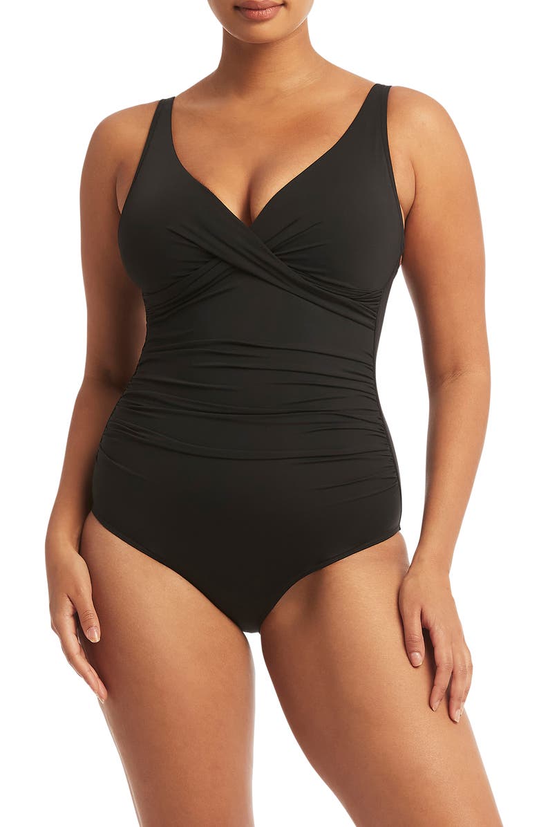 Sea Level Cross Front One-Piece Swimsuit, Main, color, Black