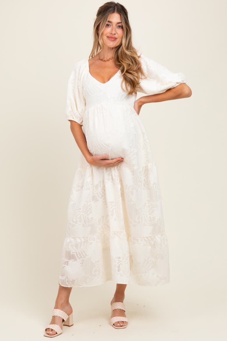 Leaf Textured Tiered Midi Dress, Alternate, color, Cream
