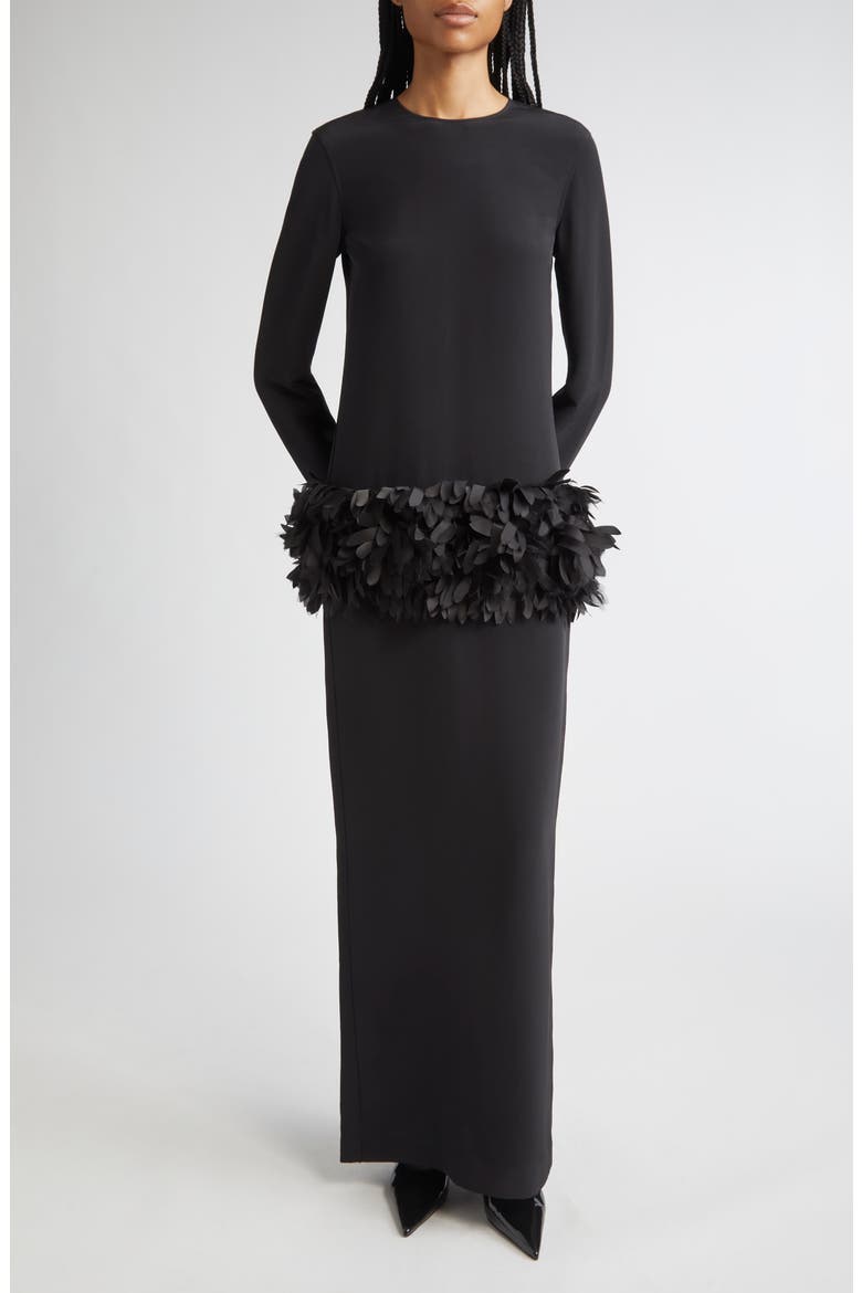Petal Long Sleeve Wool & Silk Evening Dress, Main, color, BLACK