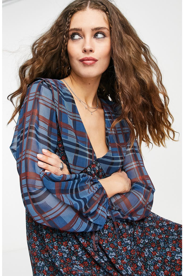 Long Sleeve Plaid & Floral Dress, Alternate, color, BLUE