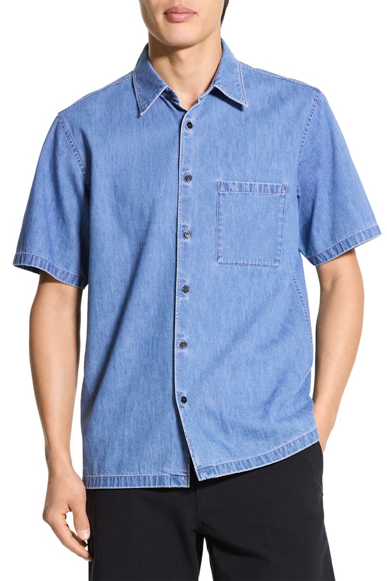 Noll Short Sleeve Cotton Denim Button-Up Shirt, Main, color, LIGHT WASH