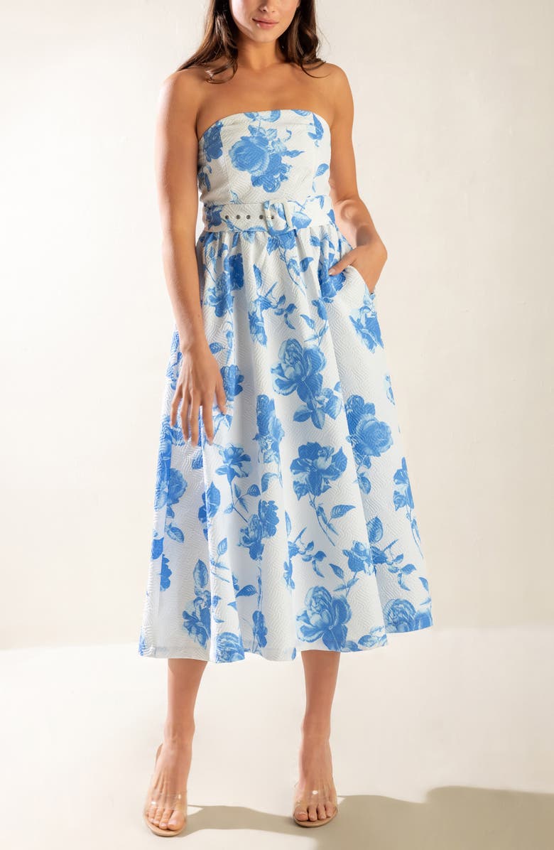 FREEMARKET Floral Strapless Midi Dress, Alternate, color, Blue
