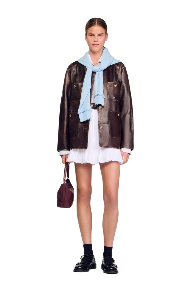 SANDRO Long distressed leather jacket, Alternate, color, Black Brown