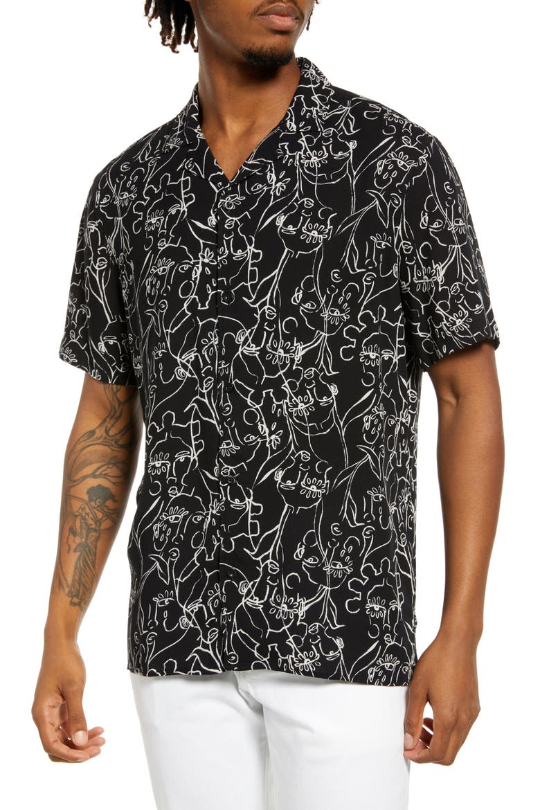 Cristina Martinez Gender Inclusive Button-Up Shirt, Main, color, BLACK RADIATE BLOOMS