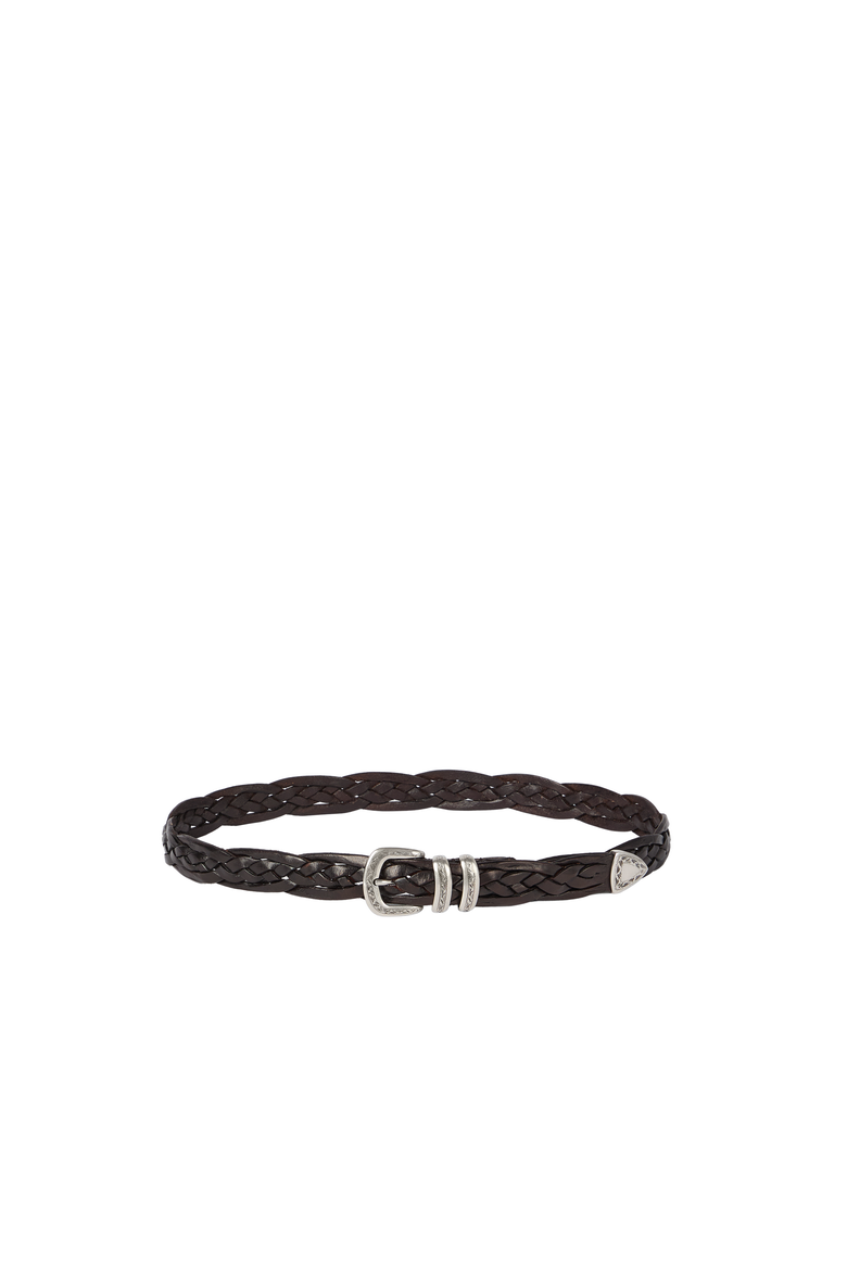 Braided calfskin belt with detailed buckle and tip, Alternate, color, Brown