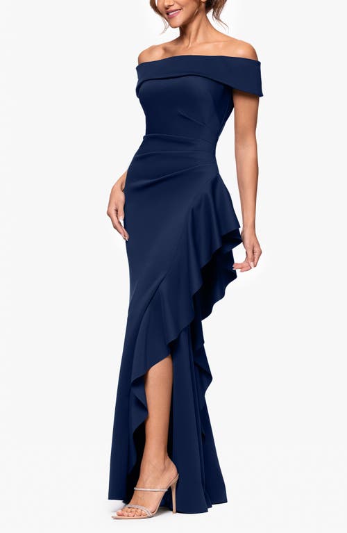Xscape Evenings Ruffle Off The Shoulder Scuba Gown In Midnight