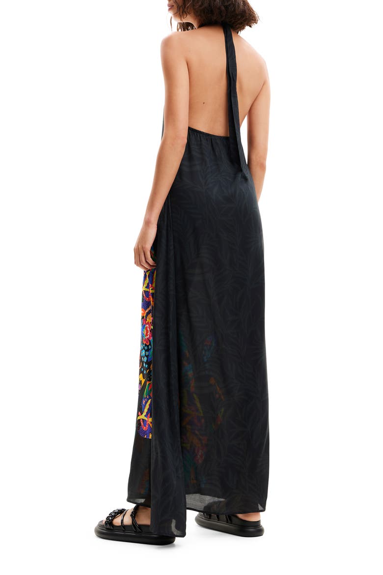 Jungle Design Halter Neck Maxi Dress, Alternate, color, BLACK