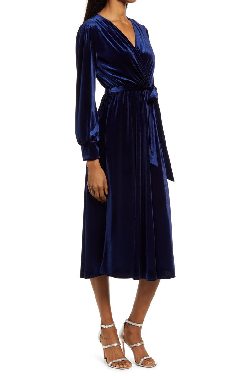 Fraiche by J Faux Wrap Long Sleeve Velvet Midi Dress, Alternate, color, 