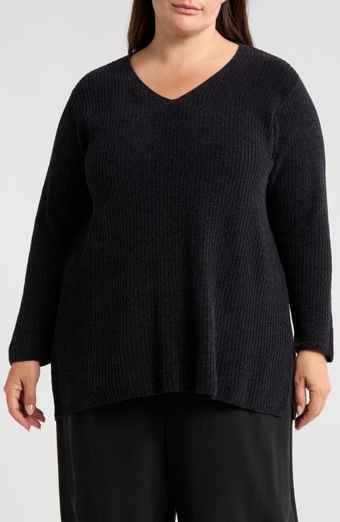 V-Neck Organic Cotton Chenille Sweater (Plus)