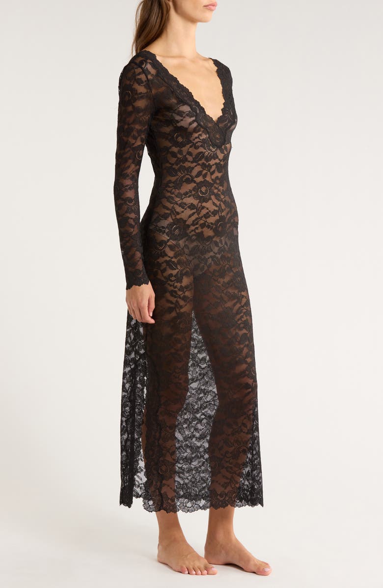 Natori Peony Lace Long Sleeve Gown, Alternate, color, Black