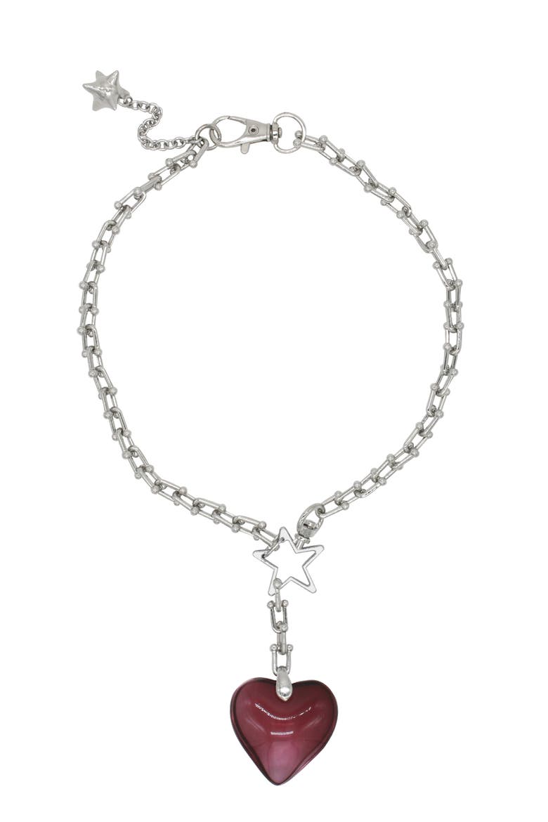 Steel Chain Necklace With Heart Charm, Main, color, Red