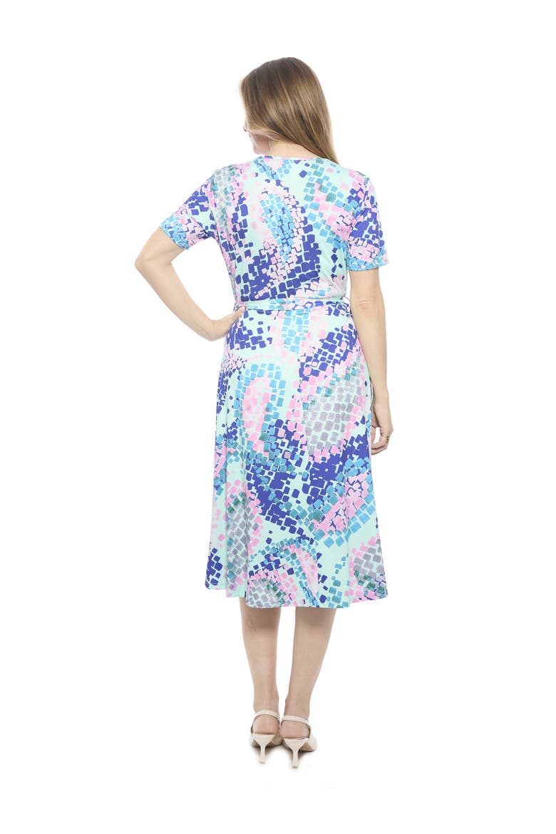 Womens Essential V-Neck Short Sleeve A-Line Midi Dress, Alternate, color, Blue Multi