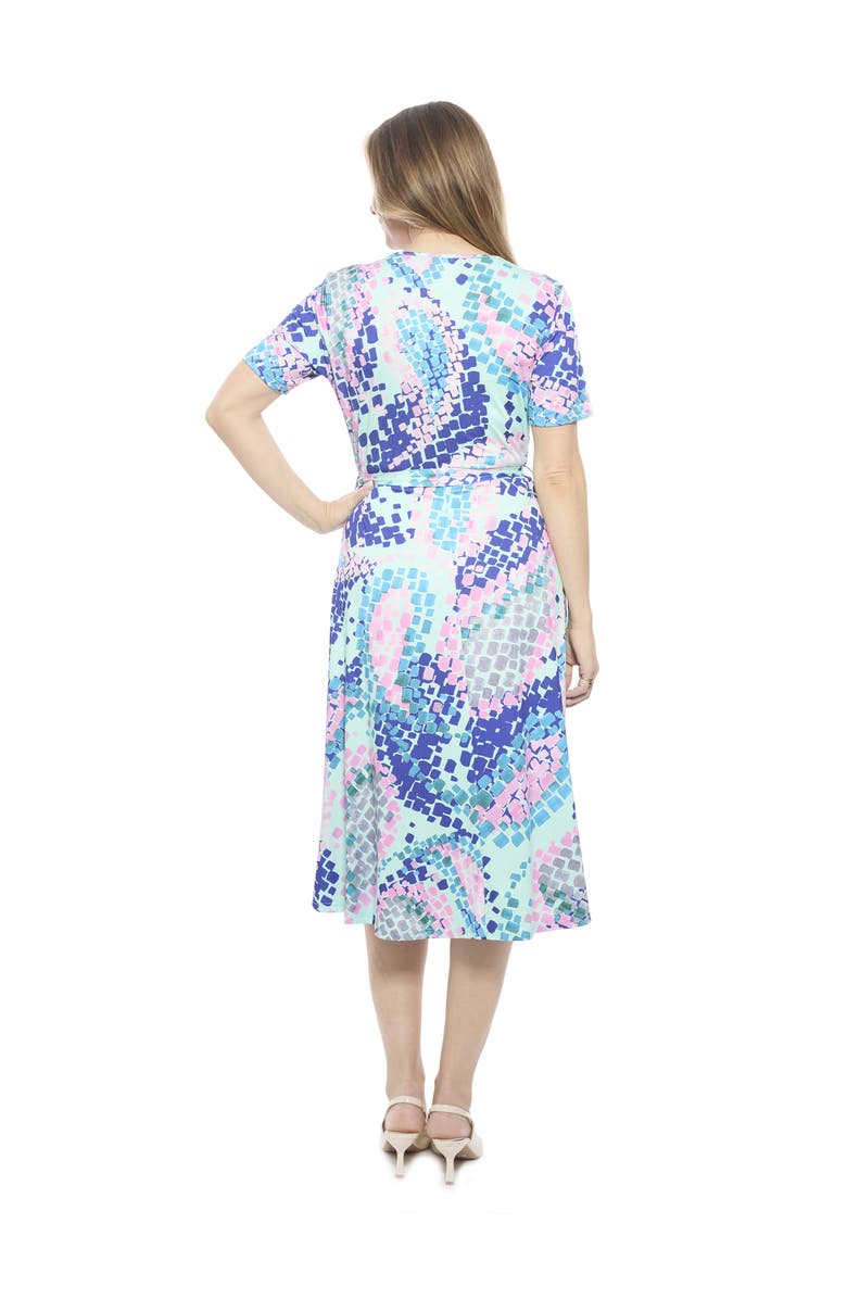 24seven Comfort Apparel Womens Essential V-Neck Short Sleeve A-Line Midi Dress, Alternate, color, Blue Multi