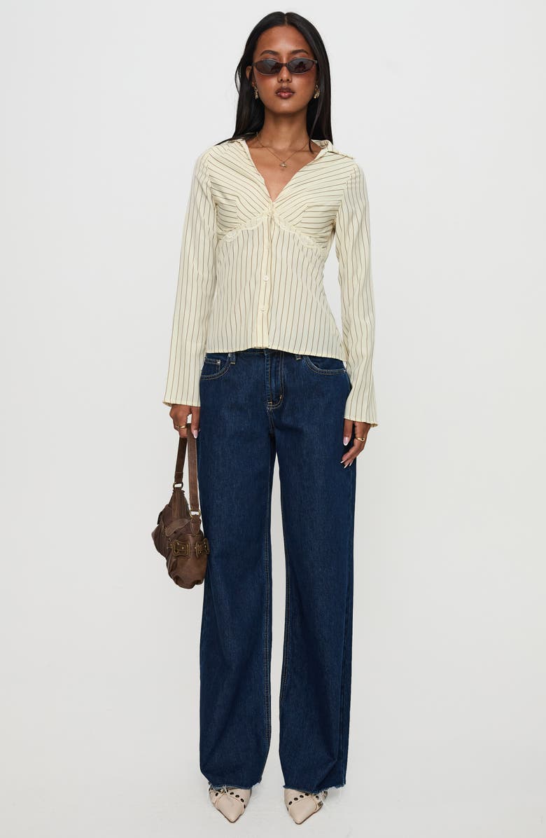 Princess Polly Life Begins Pinstripe Lace Trim Button-Up Shirt, Alternate, color, Cream