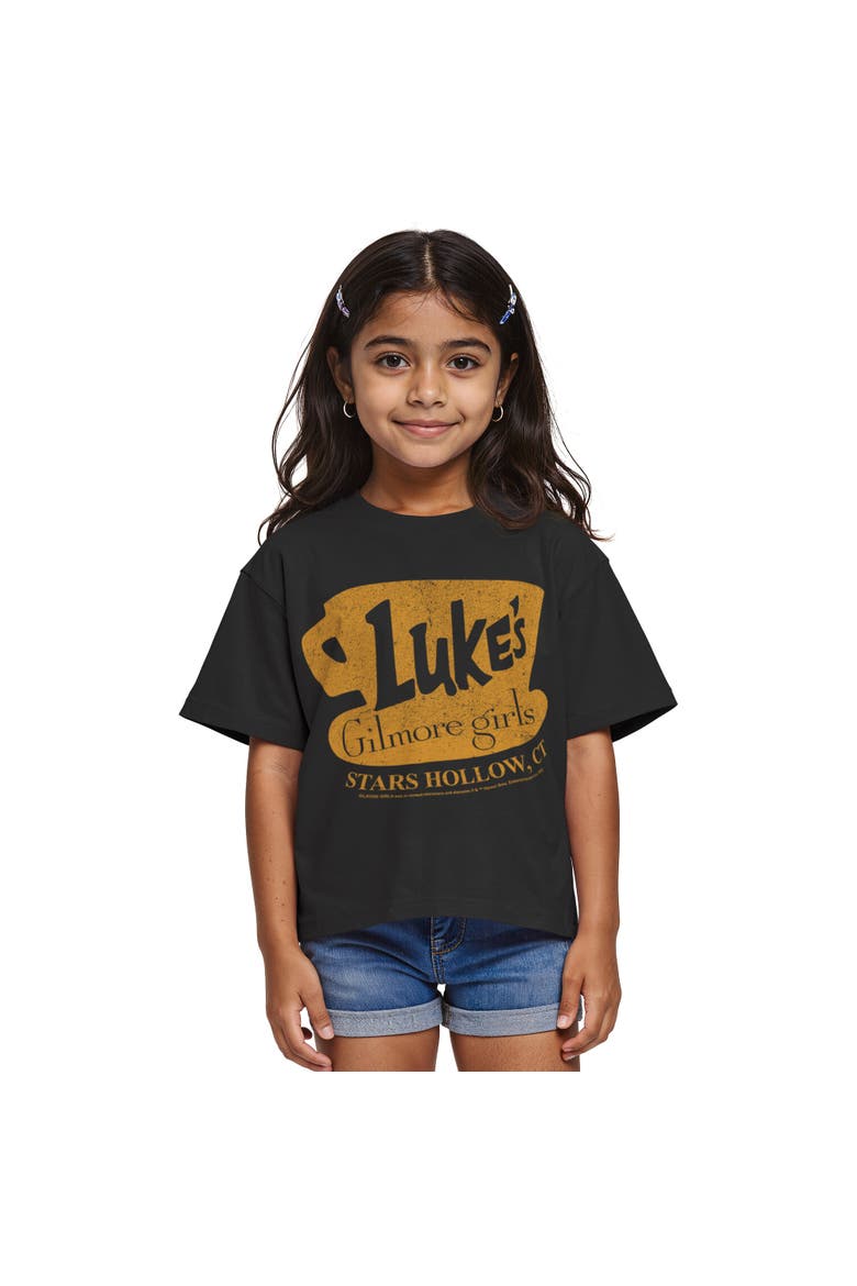 Girls' Luke's Dinner Distressed Logo Graphic Cropped T-Shirt, Main, color, Black