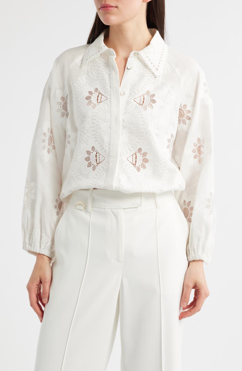 Elie Tahari The Romy Embroidered Eyelet Linen Blend Button-Up Shirt, Main, color, 