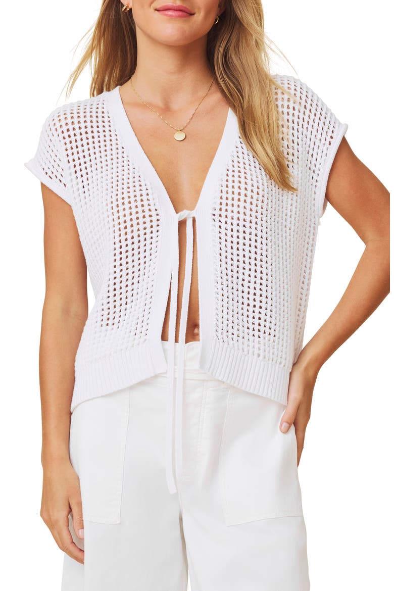 Simona Tie Front Short Sleeve Cardigan, Main, color, WHITE