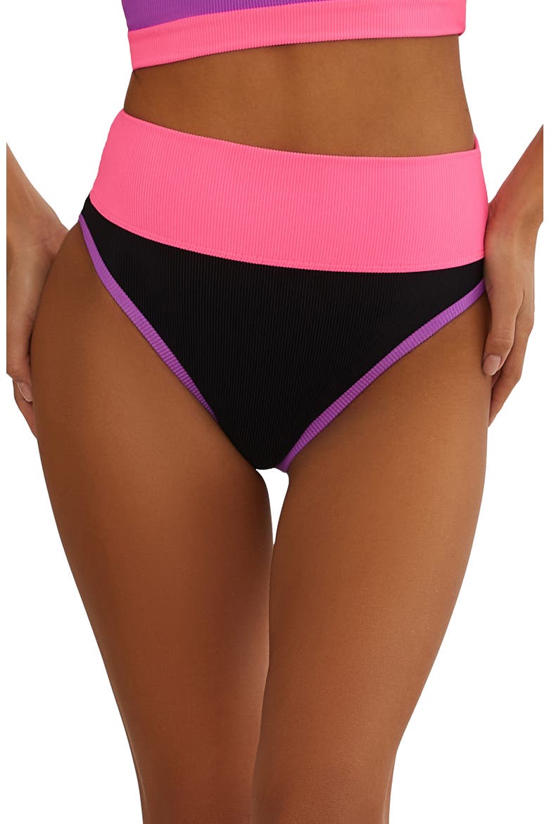 Emmy Colorblock High Waist Full Coverage Swim Bottoms, Main, color, VIVID VIOLET COLORBLOCK