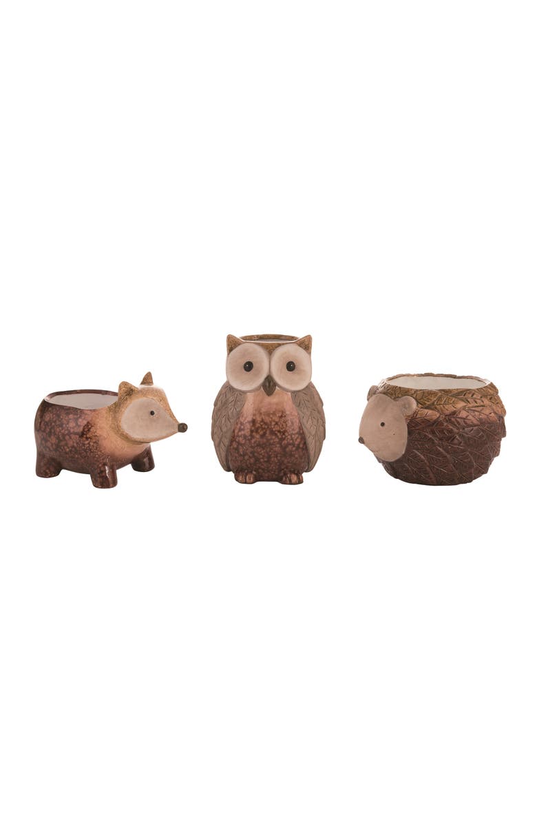 Transpac Set of 3 Ceramic Hedgehog Owl Fox Planters Fall Decor, Main, color, Brown