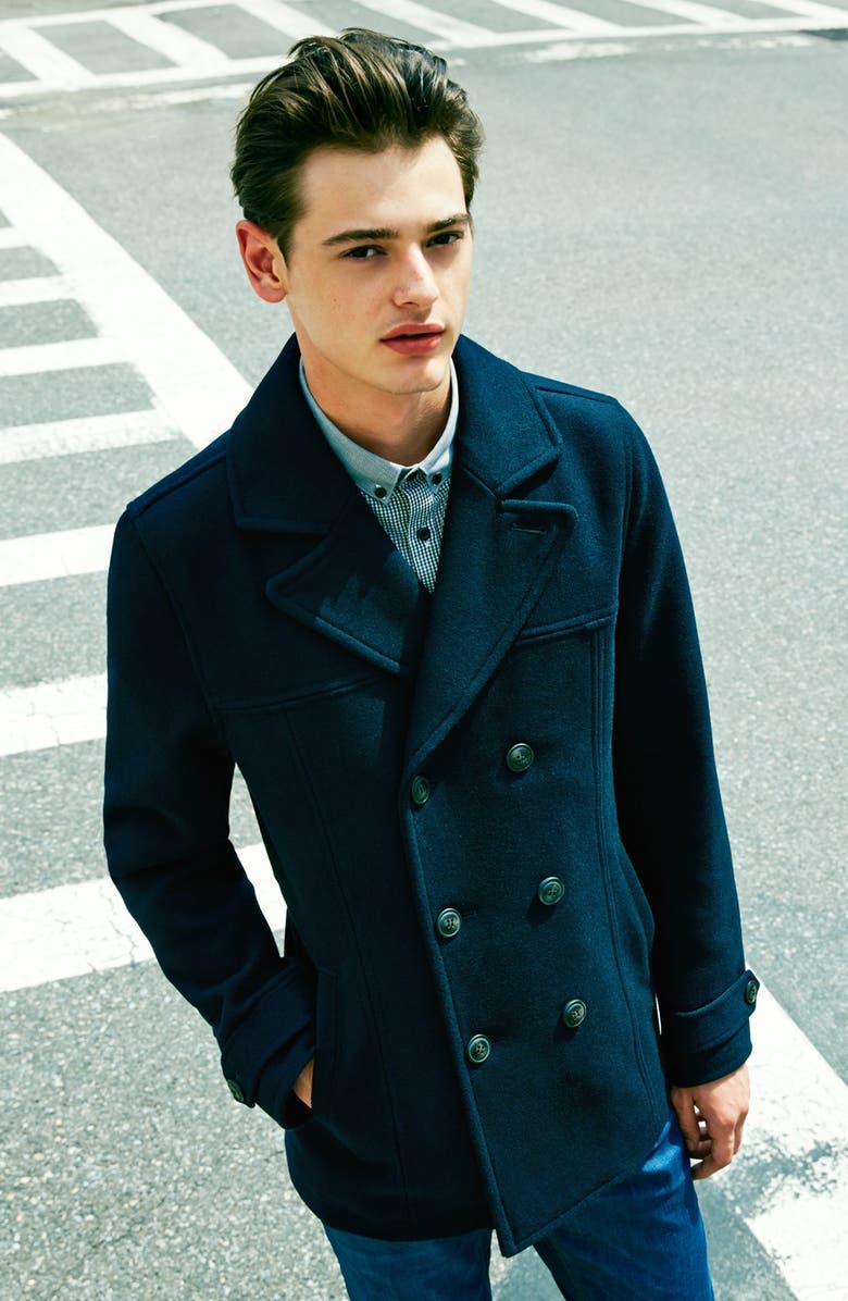 Topman Wool Blend Double Breasted Peacoat, Alternate, color, 