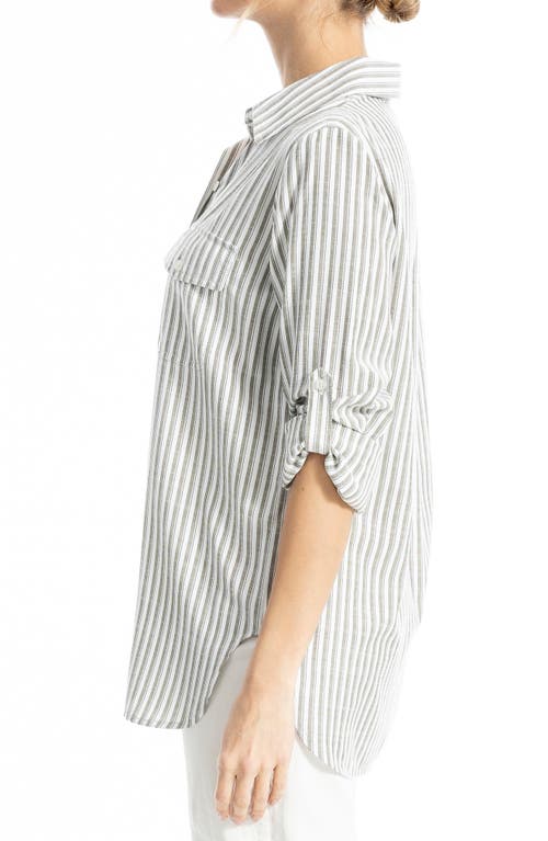 Max Studio Stripe Roll Tab Button-up Utility Shirt In Gray