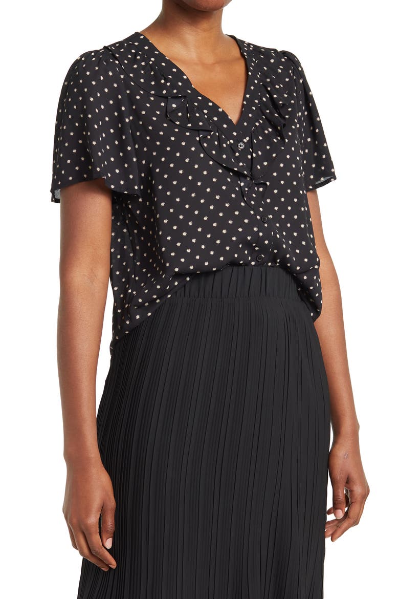 Ruffled V-neck Short Sleeve Blouse, Main, color, BLACK IVORY IRREGULAR DOT