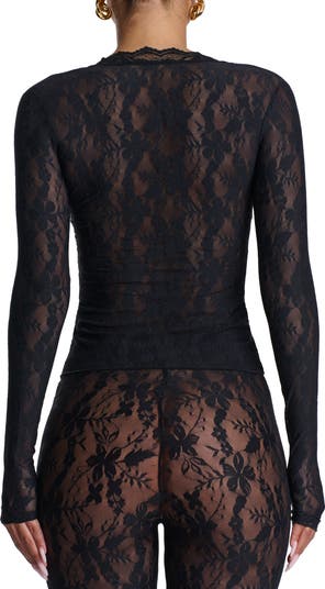 Lace Long Sleeve Button-Up Top
