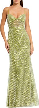 Mac Duggal Embellished Mesh Sleeveless Bustier Gown