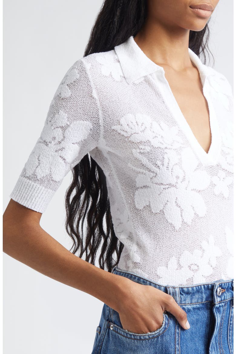 Tabarin Short Sleeve Cotton Blend Jacquard V-Neck Sweater, Alternate, color, WHITE