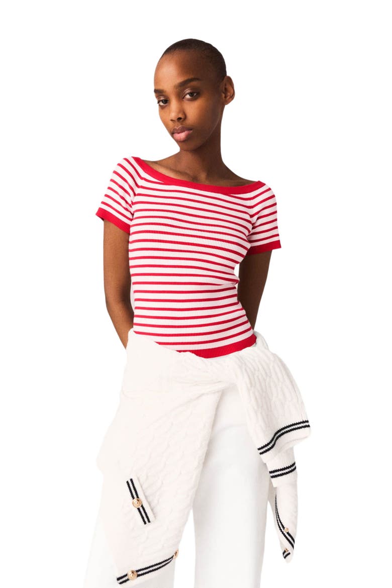Striped knit top with boat neck, Alternate, color, Red