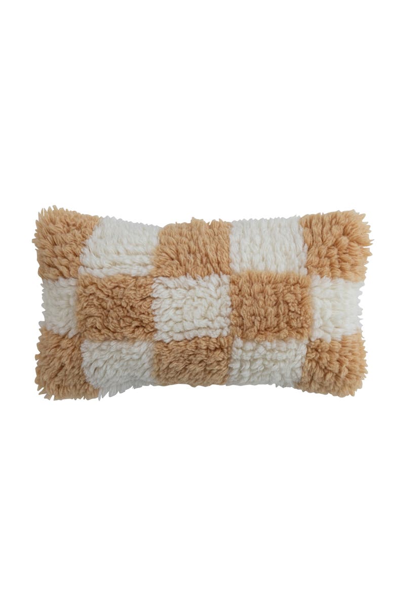 Storied Home Hand-Woven New Zealand Wool and Cotton Shag Lumbar Pillow with Cotton Back, Cream and Tan Color Check, Main, color, Cream