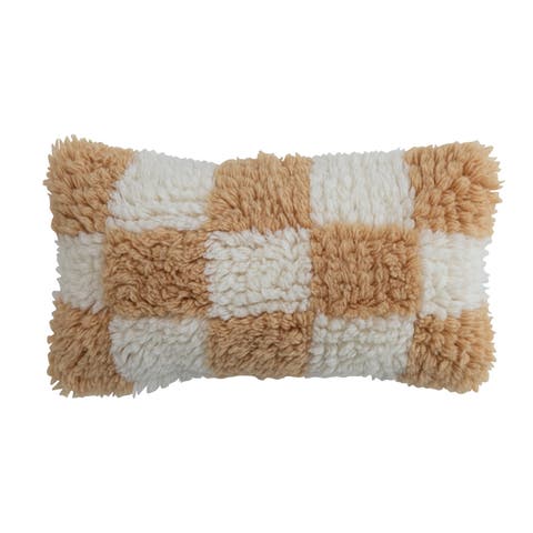 Hand-Woven New Zealand Wool and Cotton Shag Lumbar Pillow with Cotton Back, Cream and Tan Color Check