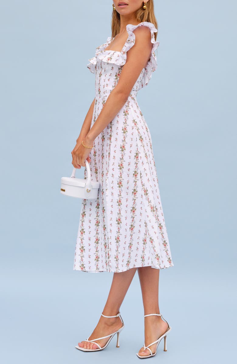 Reformation Amethyst Floral Ruffle Neck Linen Midi Dress, Alternate, color,