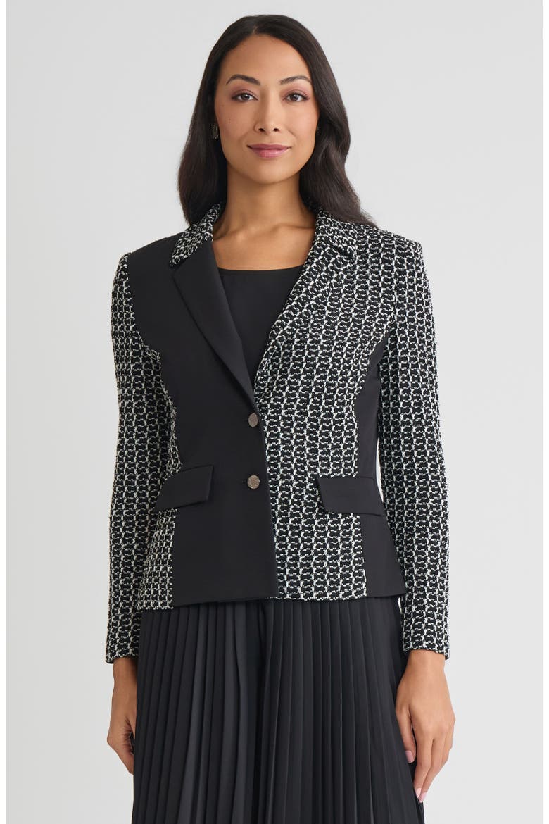 Tailored Mixed Media Tweed Knit Blazer, Main, color, Black/White