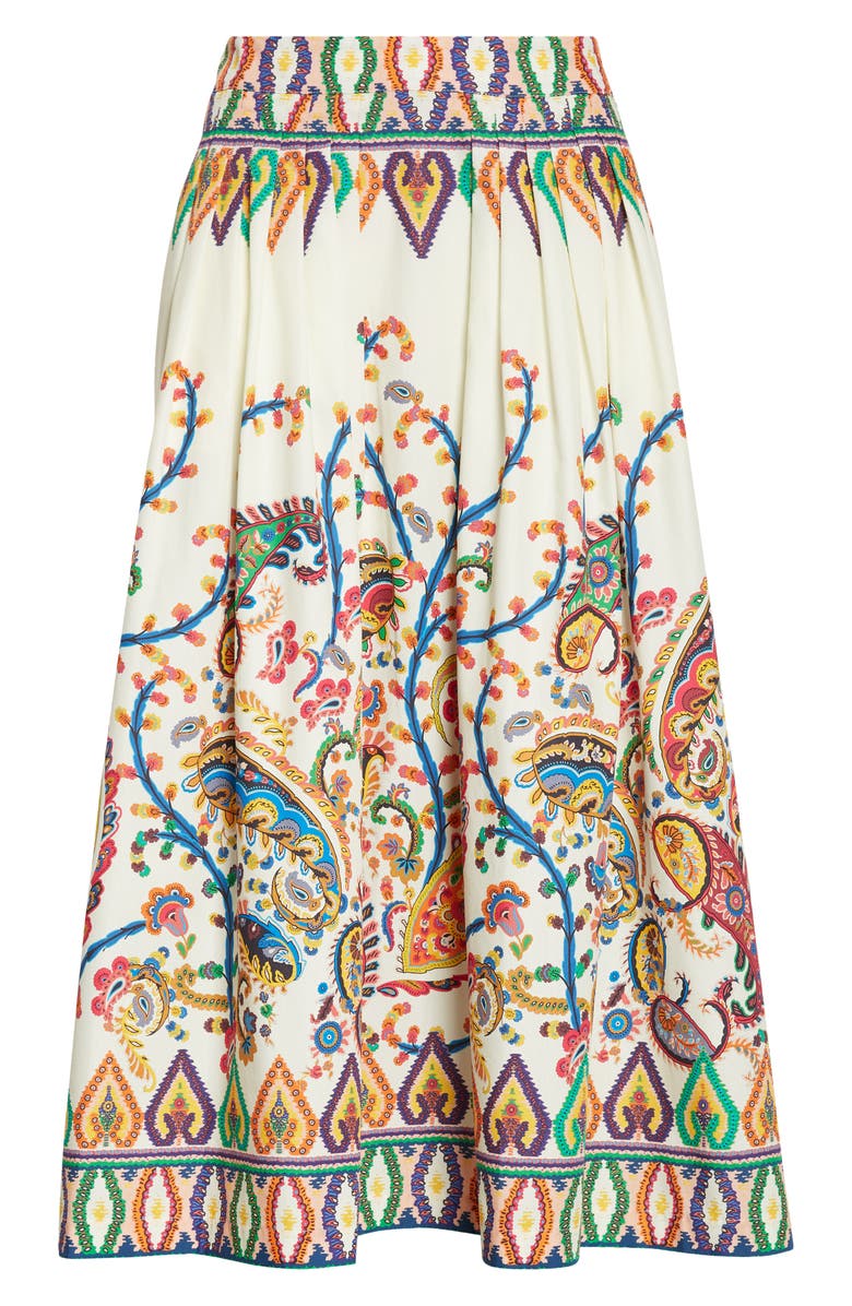 Etro Floral Paisley Pleated Cotton Voile Midi Skirt, Main, color, Print On White Base