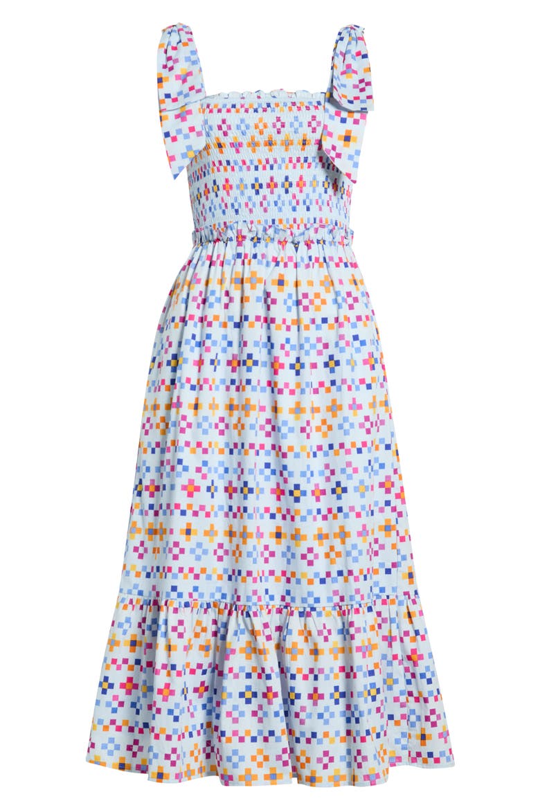 Kessa Mitzy Geo Smocked Midi Dress, Alternate, color, LIGHT-BLUE-MULTI