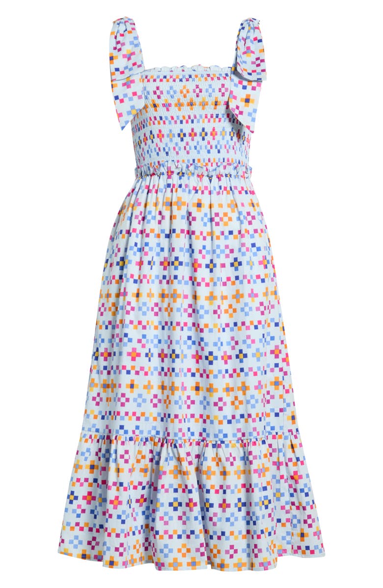 SUGARLIPS Kessa Mitzy Geo Smocked Midi Dress, Main, color, Light-Blue-Multi