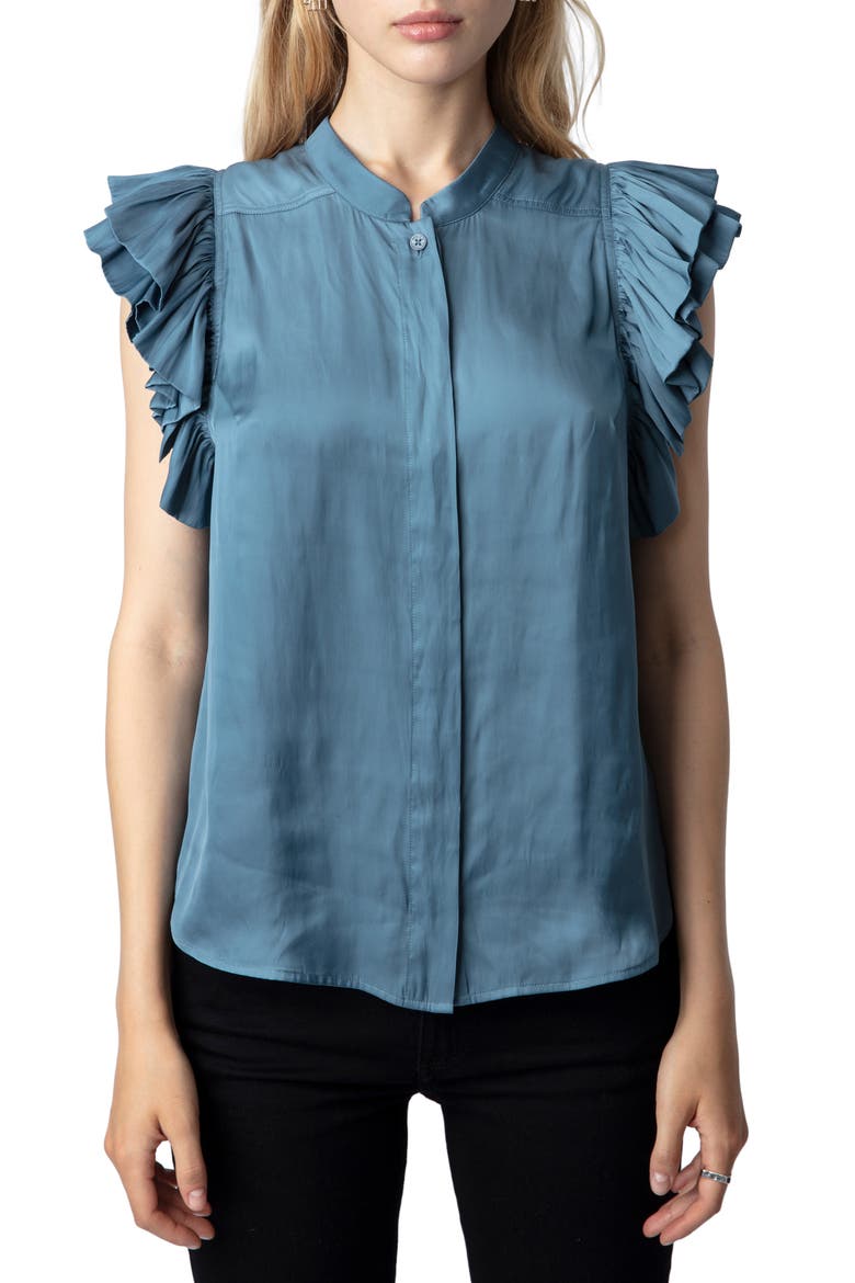 Tiza Ruffle Satin Button-Up Blouse, Main, color, BLUESTONE