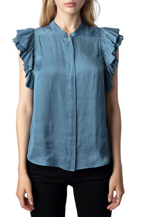 Tiza Ruffle Satin Button-Up Blouse