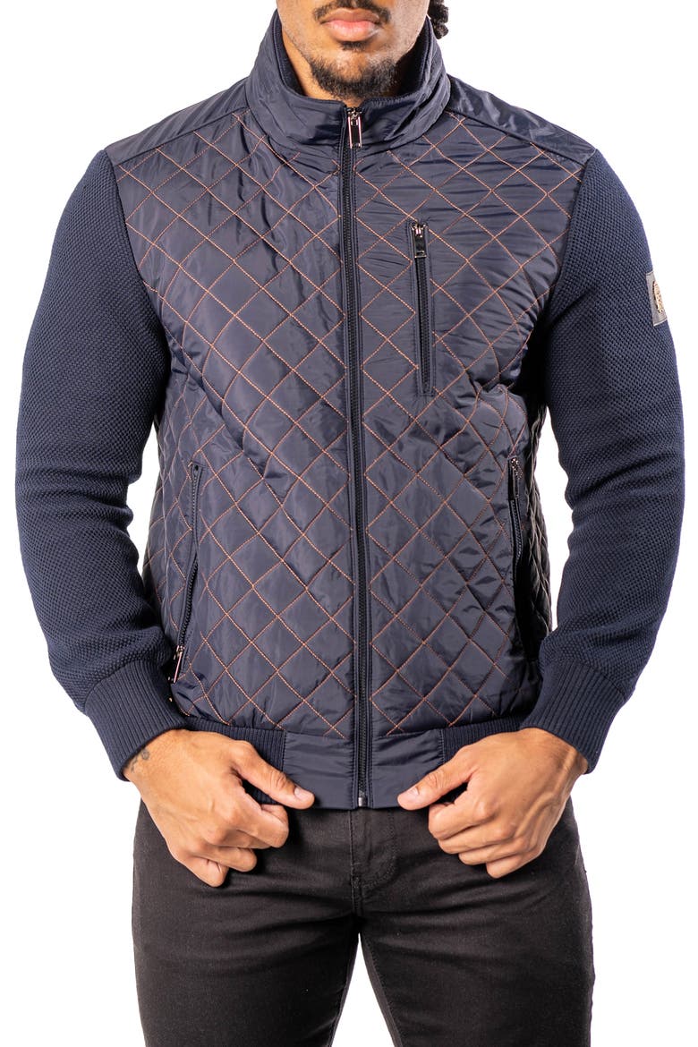 Big Diamond Mixed Media Quilted Bomber Jacket, Alternate, color, BLUE