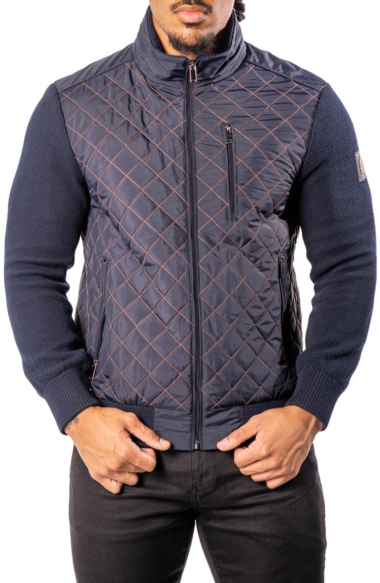 Maceoo Big Diamond Mixed Media Quilted Bomber Jacket, Alternate, color, Blue